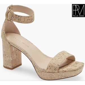 PELLE MODA NIB AMARI WHITE WASHED CORK LEATHER PLATFORM BLOCK HEEL SANDAL. SZ 9M